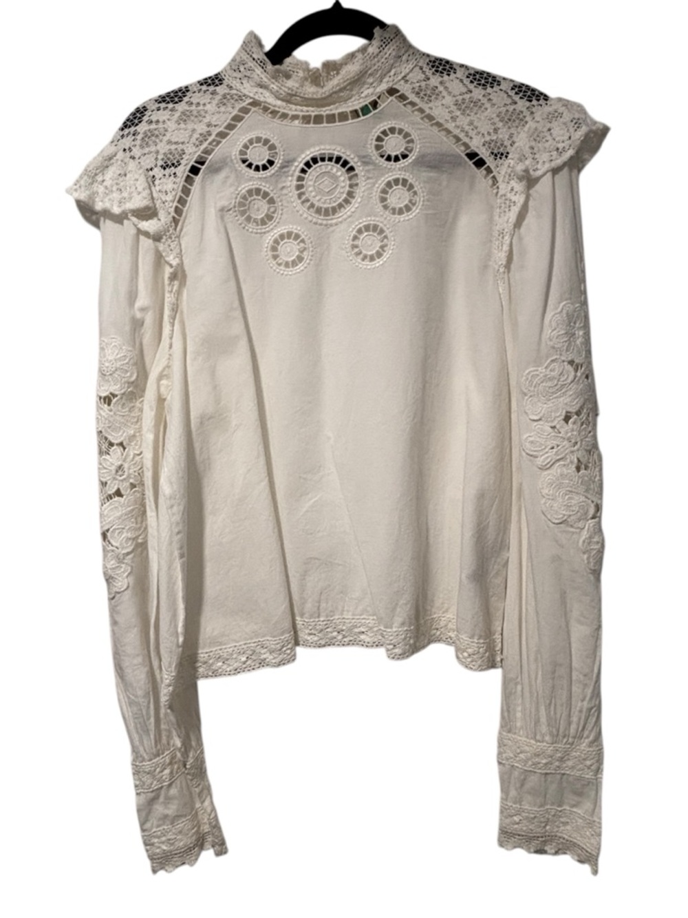 FARM Rio White Lace Yoke Embroidered High-Neck Blouse